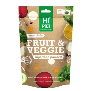 HiPlus Organic Fruits & Vegetables Powder Superfood Blend Daily Energy + Essential Vitamins | USDA Certified, Vegan Powder for Smoothies & Baking | Hidden vegetable recipes | 3.52oz pantry staple| Non-GMO, Gluten-Free, Easy Mixing