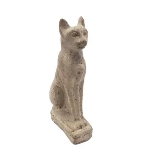Egyptian Goddess Bastet Cat with Cobra Statue - Light Grey - Made in Egypt