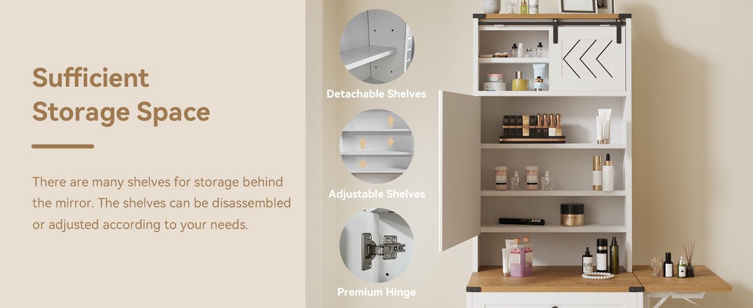 Farmhouse Small Vanity Desk Set with Mirror Cabinet Compact Makeup Vanity Set with 3 Adjustable Lights and Storage Chair for Compact Space,  Dressing Table with Fold-up Panel IF049