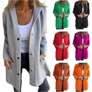 Hoodie Trench Coat Women Casual Single Breasted Hooded Jacket Lapel Neck Long Sleeve Jacket Warm Outwear with Pockets