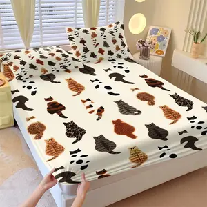 3PCS Cute Cat Back Print Fitted Sheet Set, Funny Kitten Bed Sheet Set, Aesthetic Animal Bedding Set with 2 Pillowcases, No Fillers, Soft Breathable Bedding for Bedroom, Perfect Gift for Family and Friends