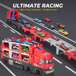 Kids Transportation Slingshot Truck Toys, 63”transport car Double Decker Race Track with 6 Metal Cars and Folding Stowable Loaded Truck Set, Teen Car Toy Gift for Valentine's Day Gifts for Kids - Red Rc Construction Vehicles