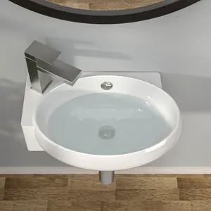 Kichae 16" x 11" Wall Mount White Bathroom Sink, Small Oval Ceramic Wall Hung Vanity Sink with Overflow, Single Hole Faucet Compatible