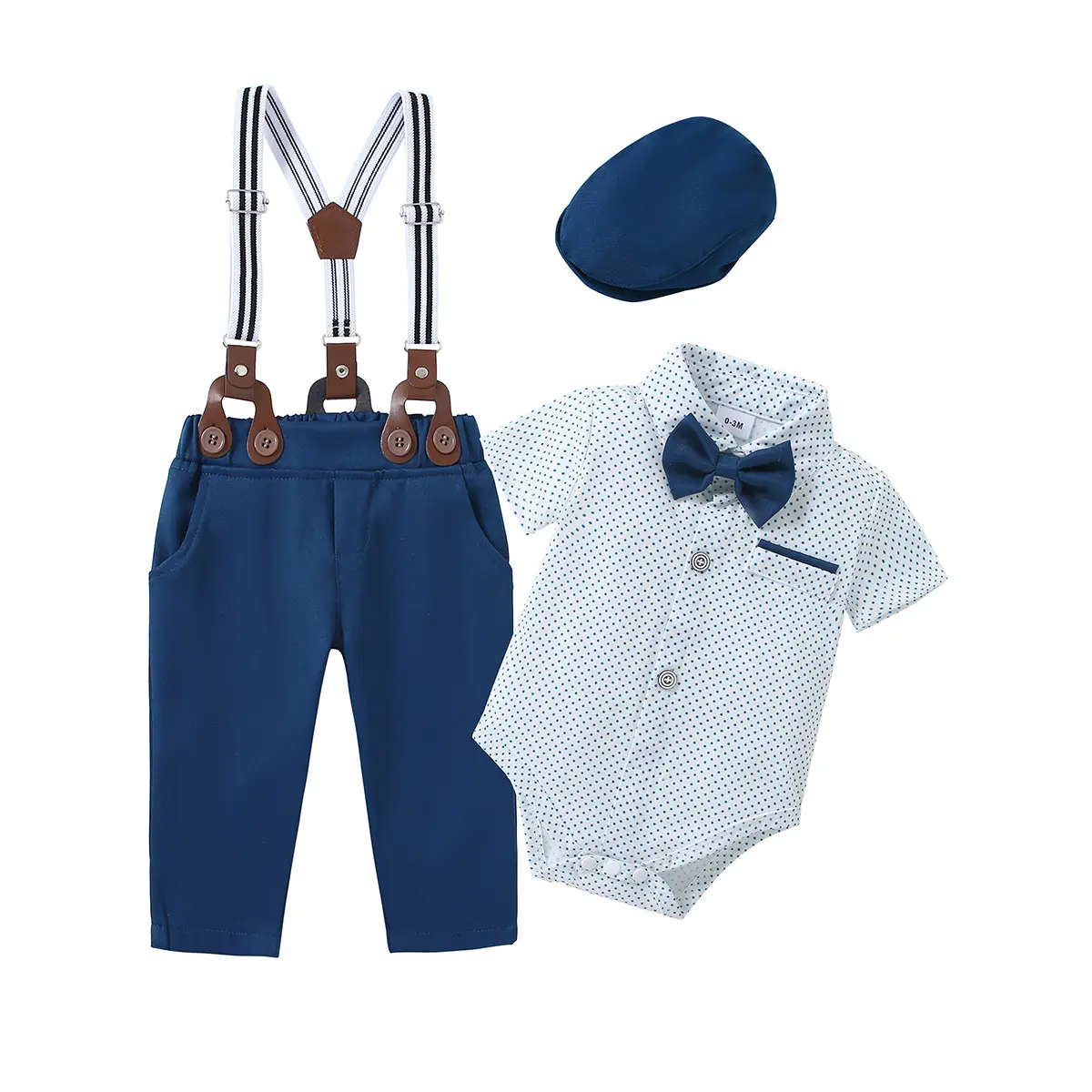 Baby Boy Gentleman Newborn Outfits Set - 0-18M (0-3M,3-6M,12-18M Incl) All Season Infant Short Sleeve Dress Shirt, 1pc Suspender Pants, Bow Tie, Hat, Elastane Casual Suit, 0 - 3 Months