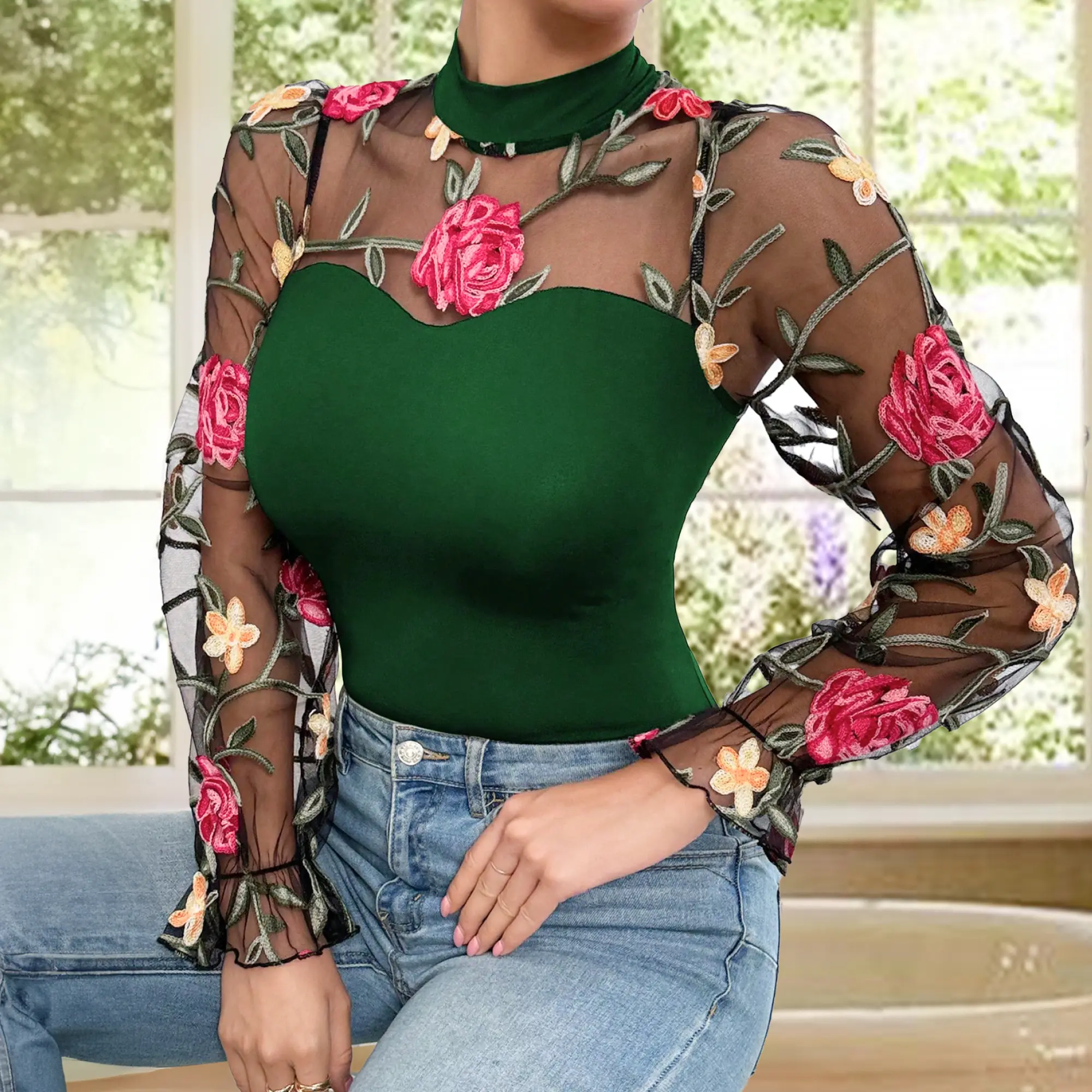 Women's Elegant Embroidered Sheer Mesh Bodysuit - Soft Viscose-Rayon Blend, Long Bubble Longsleeves, Bold Embroidery, Slim Fit, Lace Perspective, Lightweight Breathable Day Top
