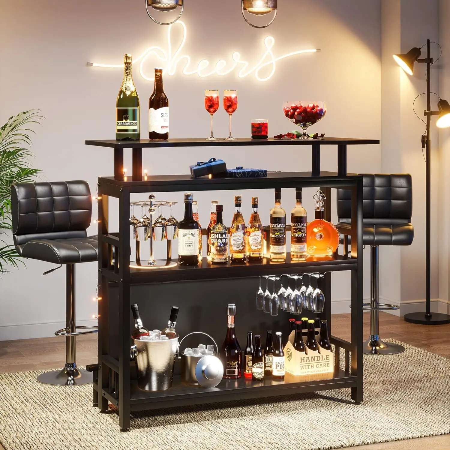 TRIBEWOOD Home Bar Unit for Liquor, 44-Inch Bar Height Table with Storage, Black Entertainment Pub Table, Mini Bar Carts Upholstered&Metal Front Footrest for Kitchen, Balcony, Basement
