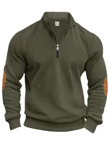 Men's Fitted Retro Style Casual Hoodie, Premium Fabric Corduroy Design, Spring & Fall Streetwear Fashion, Half-Zip Patchwork Sweatshirt