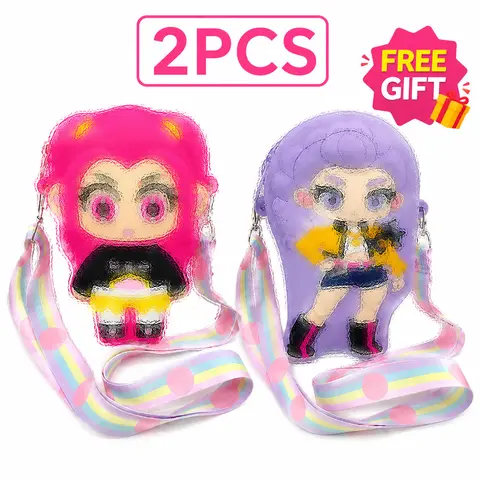 2PCS Kids Silicone Compact Graphic Crossbody Coin Purses - Cute Cartoon ABS Zipper Mini Pouch, Bright Rainbow Strap Doll Accessories, Teen Girls/Kid Girl Birthday/Christmas Gifts, Teen Girls Gifts