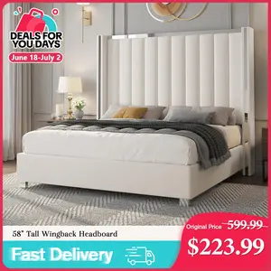 [DealsForYouDays][Summerwins]Amerlife Queen Upholstered Platform Bed Frame - 58" Tall Channel Tufted Wingback Headboard, Velvet Upholstery, Durable, No Box Spring Needed, Luxury Indoor Apartment Furniture, Home Decor Gift, Queen Bed Frame