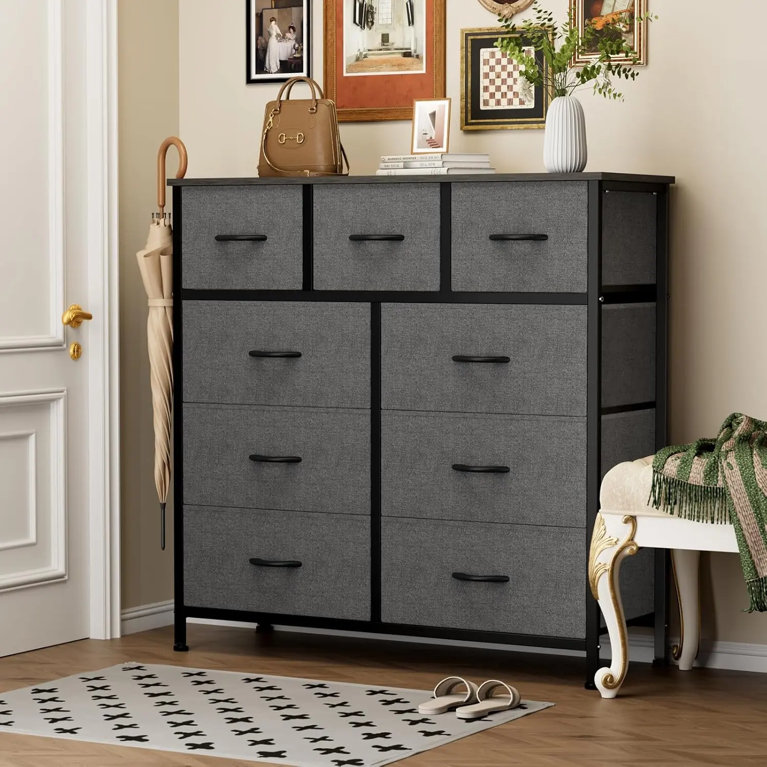 9-Drawer Dresser for Bedroom, Tall Storage Organizer Chest of Drawers with Wooden Top and Metal Frame Fabric Bins for Closet, Living Room, Hallway, Entryway