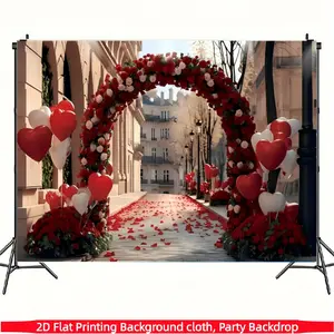 1pc romantic background fabric banner, wedding arched backdrop, polyester material, with red and white rose arch, red and white love balloons, street design strewn with red petals, suitable for holiday decoration - Valentine's Day decoration, patio