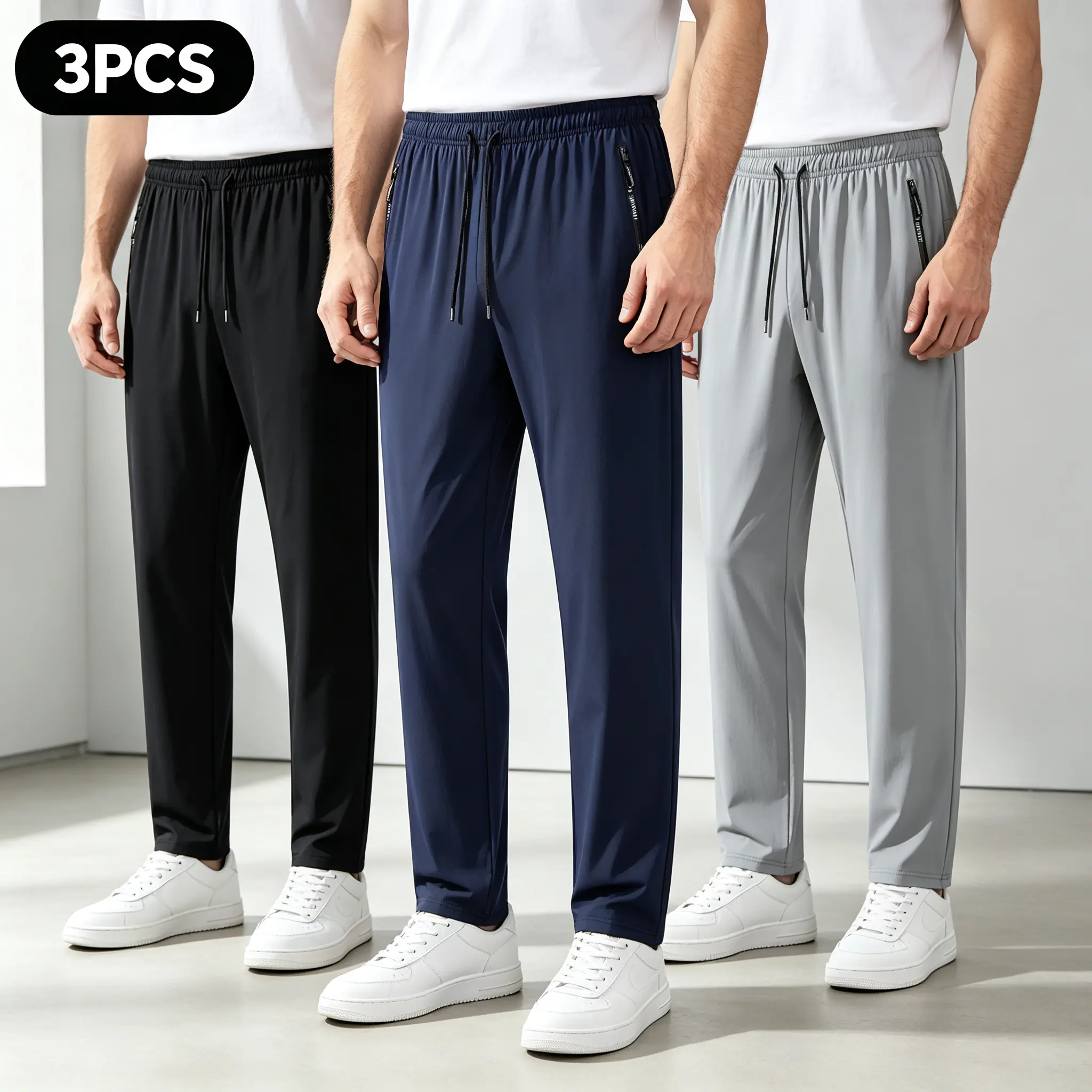Men’s 3-Piece Polyester Loose-Fitting Outdoors Pants Set - Quick-Dry Regular-Leg Trousers, Lightweight Waterproof, Elastic Stretch Waistband, Side Zippered Pockets, Breathable, for Running, Hiking, Athletic, Elastic Waist