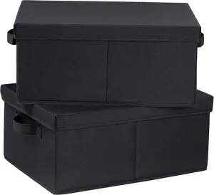 Storage Bins with Lids for Organizing, Pack of 2 - Sturdy Heavy Cardboard Storage Boxes with 2 Carrying Handles, 16.5"L x 11.8"W x 7.5"H for Shoes, Books, Clothes, Black