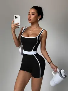 Spring Summer Women's Colorblock One-Piece Shorts, Waist Cinching Design, Detachable Belt, Fashionable for Parties, Running, Yoga, Activewear Fitness, Athletic Style Activewear, Sporty Jumpsuit