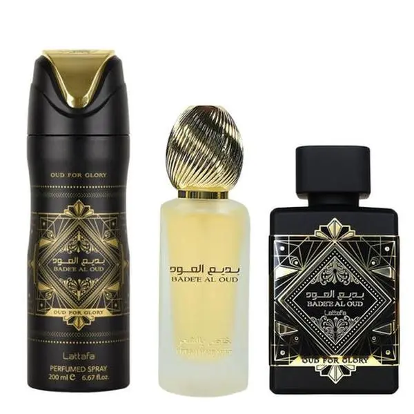 Lattafa Bade'e Al Oud 3pc Set 3.4oz EDP Spray 1.7oz Hair Mist 6.7oz Body Spray Oud For Glory Perfume Lavender Fragrance