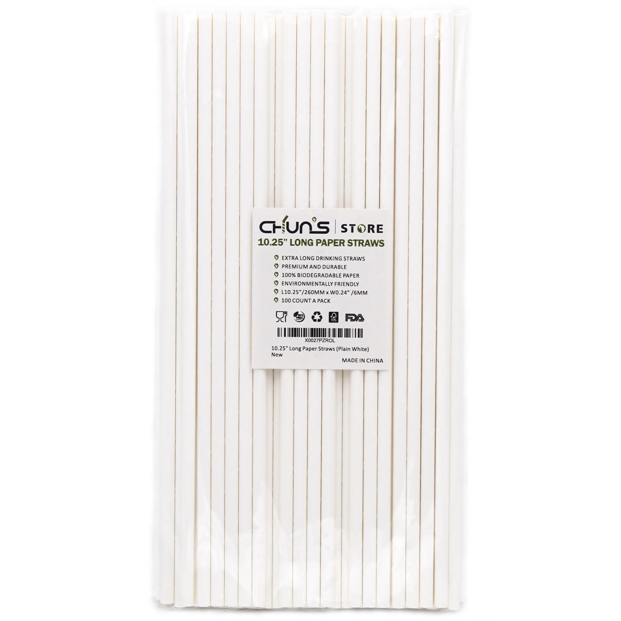 10 Inch Long Paper Drinking Straws, 0.24" Diameter - White, 100 counts