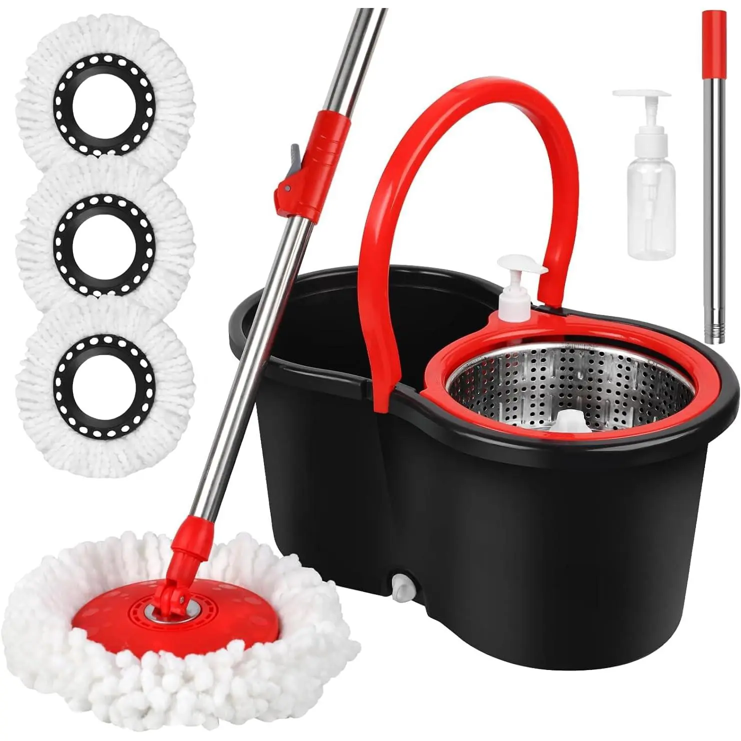 Spin Mop and Bucket with Wringer Set, 360 °   Spinning Mop Bucket System with 3 Microfiber Mop Replacement Heads Refills,56" Stainless Steel Extended Handle for Floor Cleaning Home(20QT) (Green) (Black)