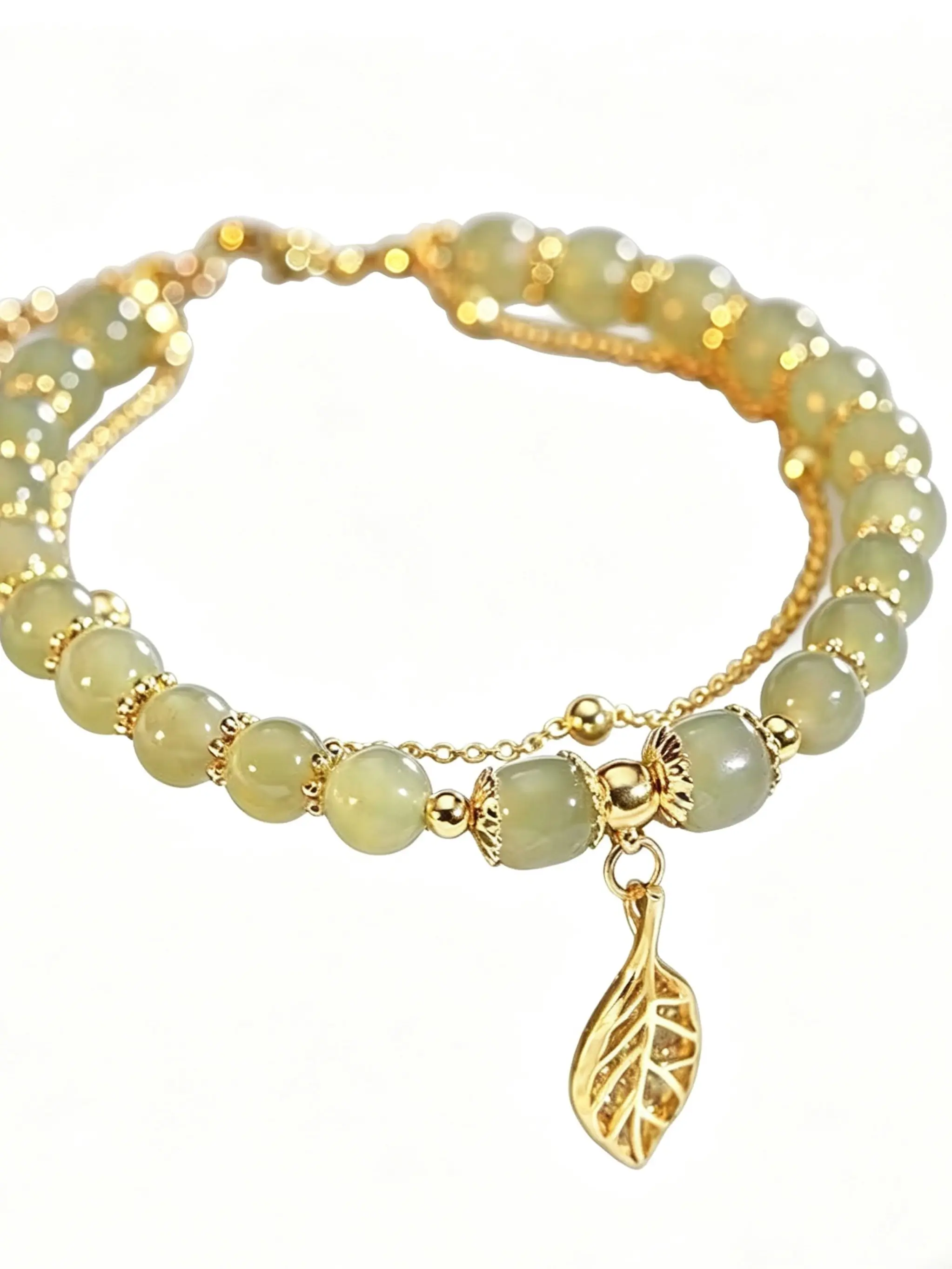 Chinese Style Green Jade Bracelet For Women Exquisite Gold Color Leaves Wrist Strap Bangle Double Chain Bracelet Girls Gifts High Quality Bracelet