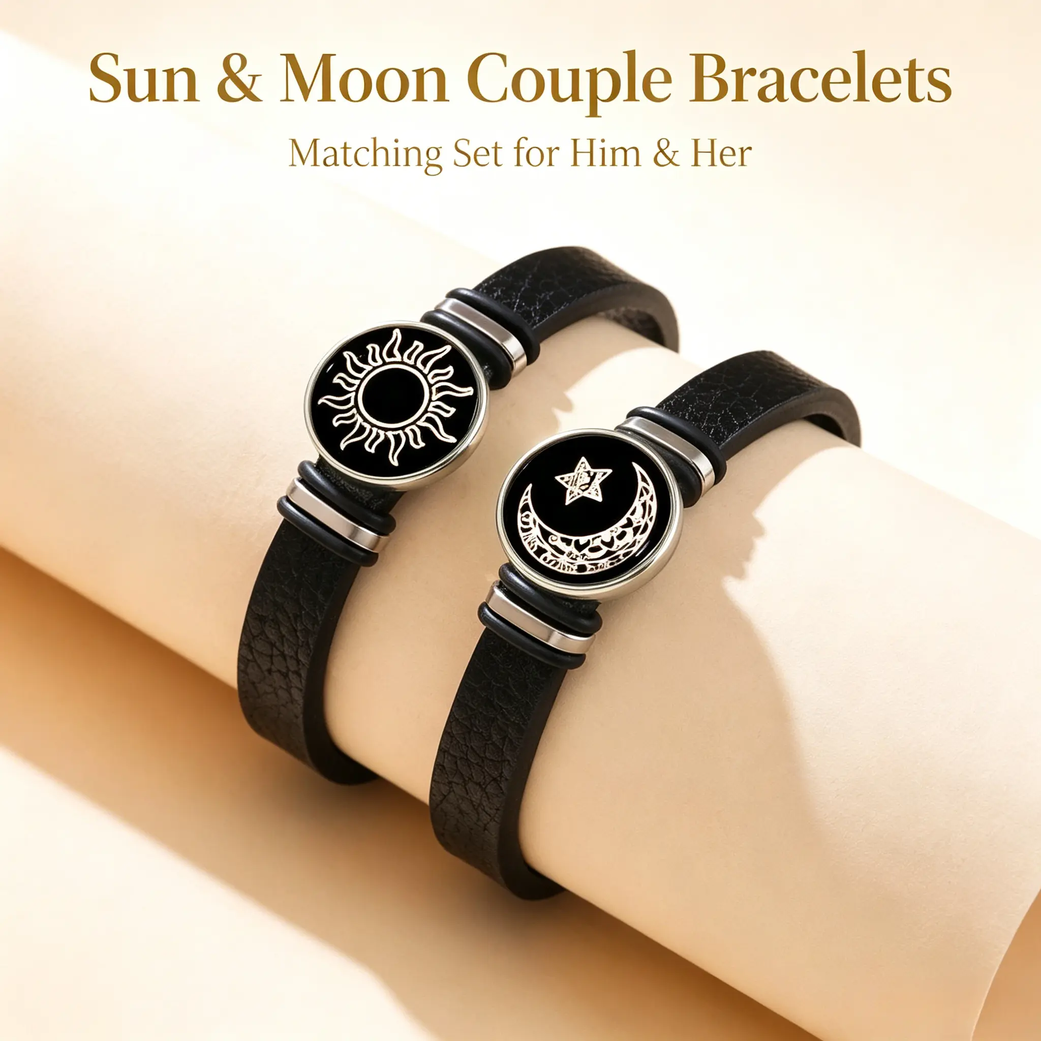 His and Hers Couples Jewelry Set, Romantic Glow in The Dark Sun & Moon Charms, Hypoallergenic Trim-to-Fit Design, Long Distance Couple Gifts for Adults, Adjustable Size Design, Love Gift, Romance, Pu Leather