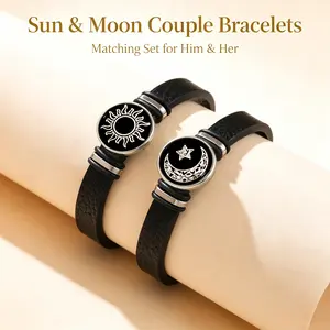 Glow In Dark Sun Moon Couple Bracelets, Adjustable Leather Rope Pendant Adjustable Bracelets, Non Tarnish Men's Jewelry, Romantic Long-Distance Gifts for Girlfriend