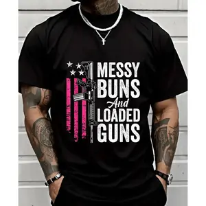 Messy Buns & Loaded Guns T-Shirt – Funny Women’s Gun Owner Mom Tee, Cotton Graphic Shirt, Casual Short Sleeve Top, Firearm Humor for Moms, Trendy Everyday Wear, Gift for Mom Who Loves Guns, Comfortable Cotton Tee, Mom Life T-Shirt