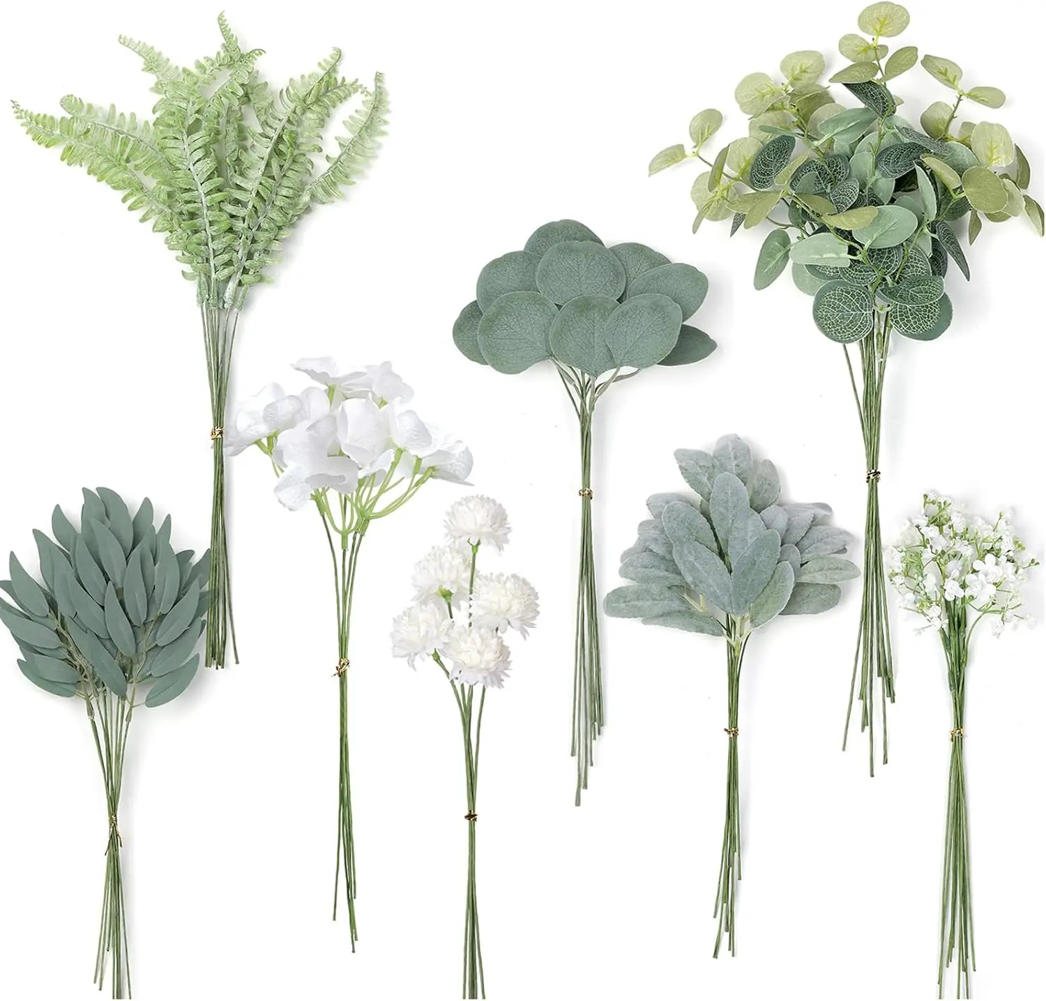 65-Piece Artificial Greenery Stems with 8 Kinds of Silk Eucalyptus, Dusty Green & White Bendable Decorative Branches for DIY Wedding Bouquets, Engagement & Birthday Centerpieces