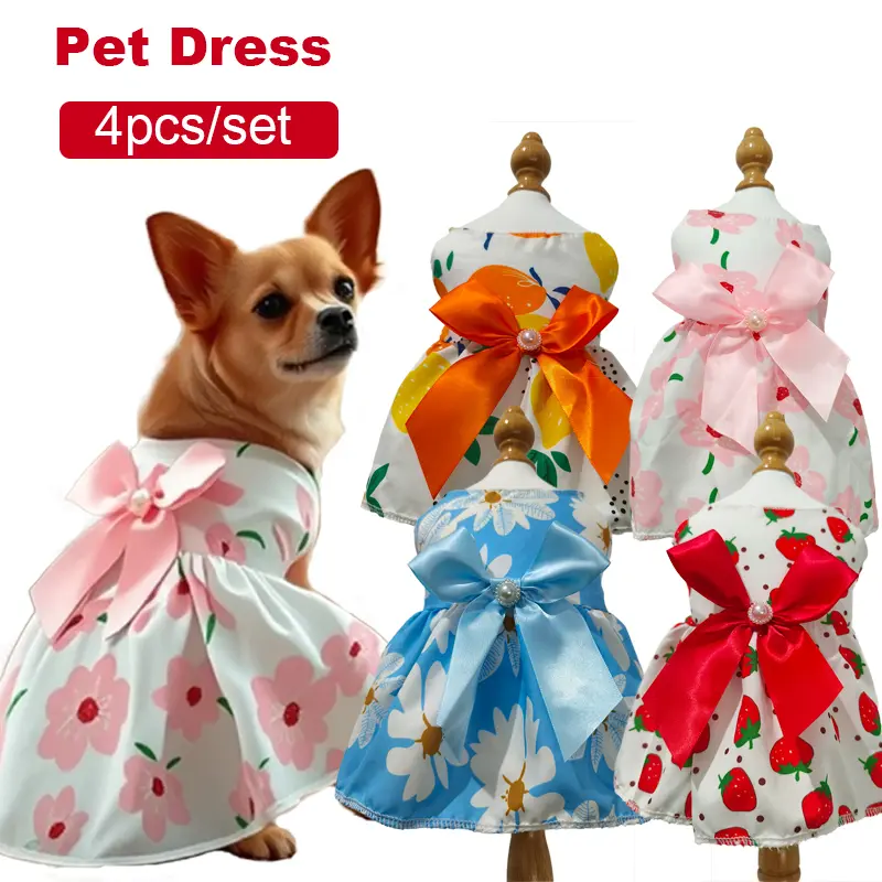 4Pcs/Set Soft Sleeveless Floral Pet Outfits for Cats & Dogs - Blue Bow, Pearl Details - Ideal for Daily Wear, Special Occasions