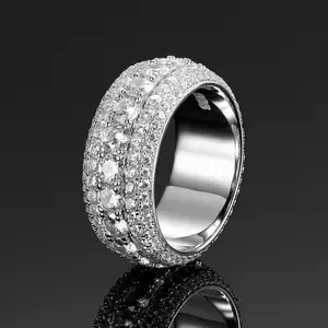 Hip-hop ring for men in European and American style, 925 silver with moissanite diamonds, five-row full inlay, VVS1D color, trendy geometric ring