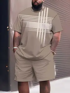 Men's oversized casual sports T-shirt and shorts set, featuring stylish stripes, round neckline design, knitted fabric, slight elasticity, machine washable, extra large size