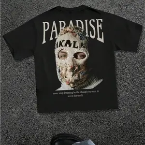 PARADISE Hip Hop Graphic Tee Rhinestone Knit Mask Oversized T-Shirt Unisex Cotton