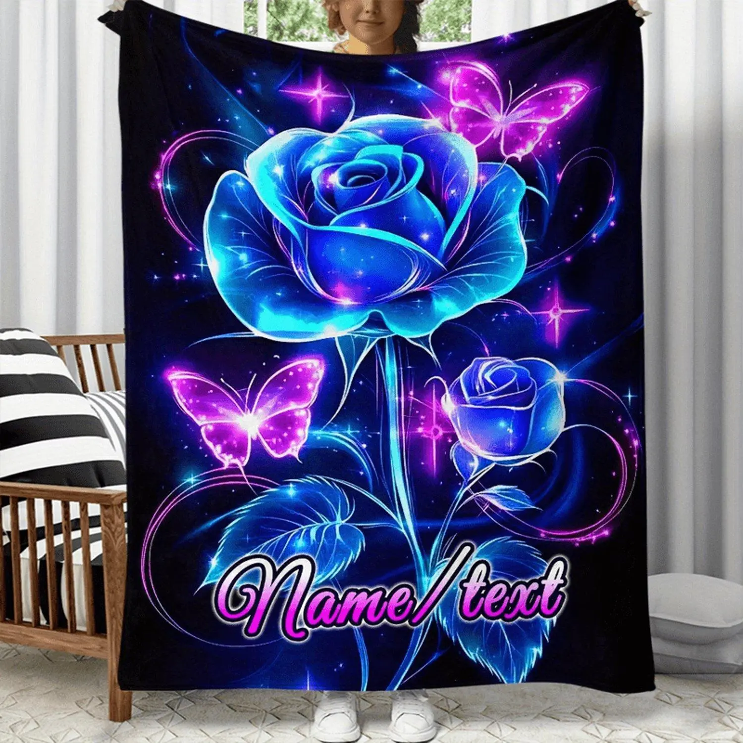 1pc Customizable Dream Rose Flannel Blanket Personalized Name Soft Warm Digital Print No Feathers Ideal Adult Novelty Gift Sofa Travel Camping Office Couch Chair Bed