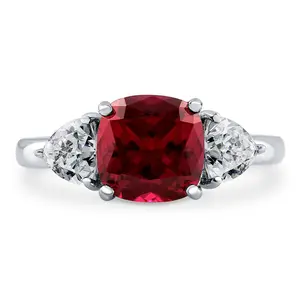 BERRICLE Sterling Silver 3-Stone Engagement Rings for Women, 3 Carat Ruby-Red Cushion Cut Cubic Zirconia CZ Ring