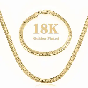 2pcs 18K Gold Plated 5MM Flat Cuban Style Necklace Chain&bracelet for Men and Woman, Boys and Girls 19.68~23.62inches Valentine's gift