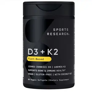 Sports Research Vitamin D3 + K2 w Coconut Oil - Vegan Vitamin D 5000iu & Mk7 Vitamin K 100mcg for Bone & Immune Support - Vegan Certified ·...