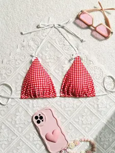 Swim Mod Women Summer Beach Vacation Gingham Simple Halter Neck Bikini Top With Random Print