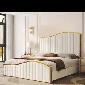 Velvet Queen Size 61.4" High Headboard Platform Bed with Golden Trim & Footboard Cream frame