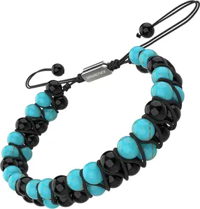 MagnetMD Doctor-Approved Magnetic Therapy Hematite Bracelet with Natural Turquoise - Maximum Strength Double 8MM Beaded Bracelet - Best Magnetic Bracelet for Pain - Adjustable - for Men and Women