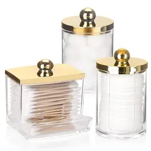 3 Pack Qtips Dispenser - Bathroom Organizers and Storage Containers, Plastic Apothecary Jars with Gold Lids for Cotton Ball Swab Round Pads, Floss - Gold