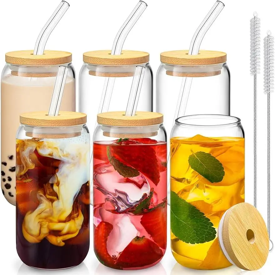 MIUVA 6Pcs Can-Shaped Drinking Glasses Set with Bamboo Lids & Glass Straws 16 Oz for Beer Ice Coffee Soda Boba Tea Cocktail Sturdy Clear Glass Dishwasher Safe Thanksgiving Christmas Gift Stock Up Beverage