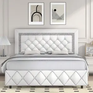 Twin/ Full/ Queen/ King Size Bed Frame, Upholstered Bed Frame With Diamond Headboard And Footboard, White/ Beige/ Black/ Grey/ Pink/ Purple/ Green