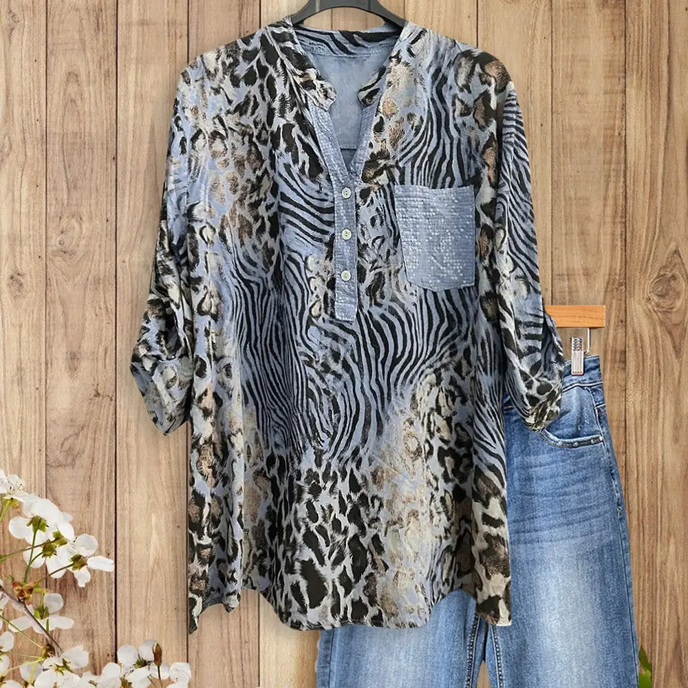 SageVell Retro Leopard Print V Neck Blouse with Button Front, Casual Boho Breathable Cotton Fabric, Multicolor Medium Length Tops for Women Buttoned Collared Shirts Womenswear Long Sleeve