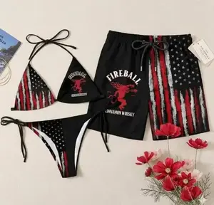 Fireball American Flag Couple Swimwear – Matching Bikini & Men’s Swim Shorts, Patriotic His & Hers 4th of July Beach Vacation Swimsuits