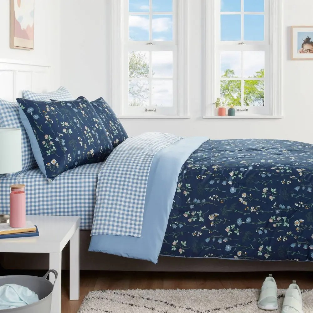 5pc Twin Extra Long Floral Printed Microfiber Reversible Comforter & Sheets Set Navy - Room Essentials: Polyester Botanical Pattern