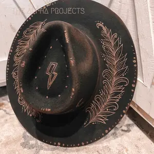 Ava: Lightning and Feather Hippie. Made to Order Handcrafted Burned Wide Brim Hat. Burned hat, Cowboy Hat, Western Hat, custom cowboy hat.