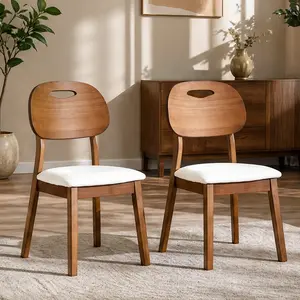 ARCH Set of 2 Walnut Solid Wood Dining Chairs with White PU Cushion, Hollow Backrest, Ergonomic 18" Seat Height, Sturdy Wood Legs, Anti-Slip Pads, Modern Home Kitchen Dining Room Chairs, Walnut/White Color Options, PU/Solid Wood Material