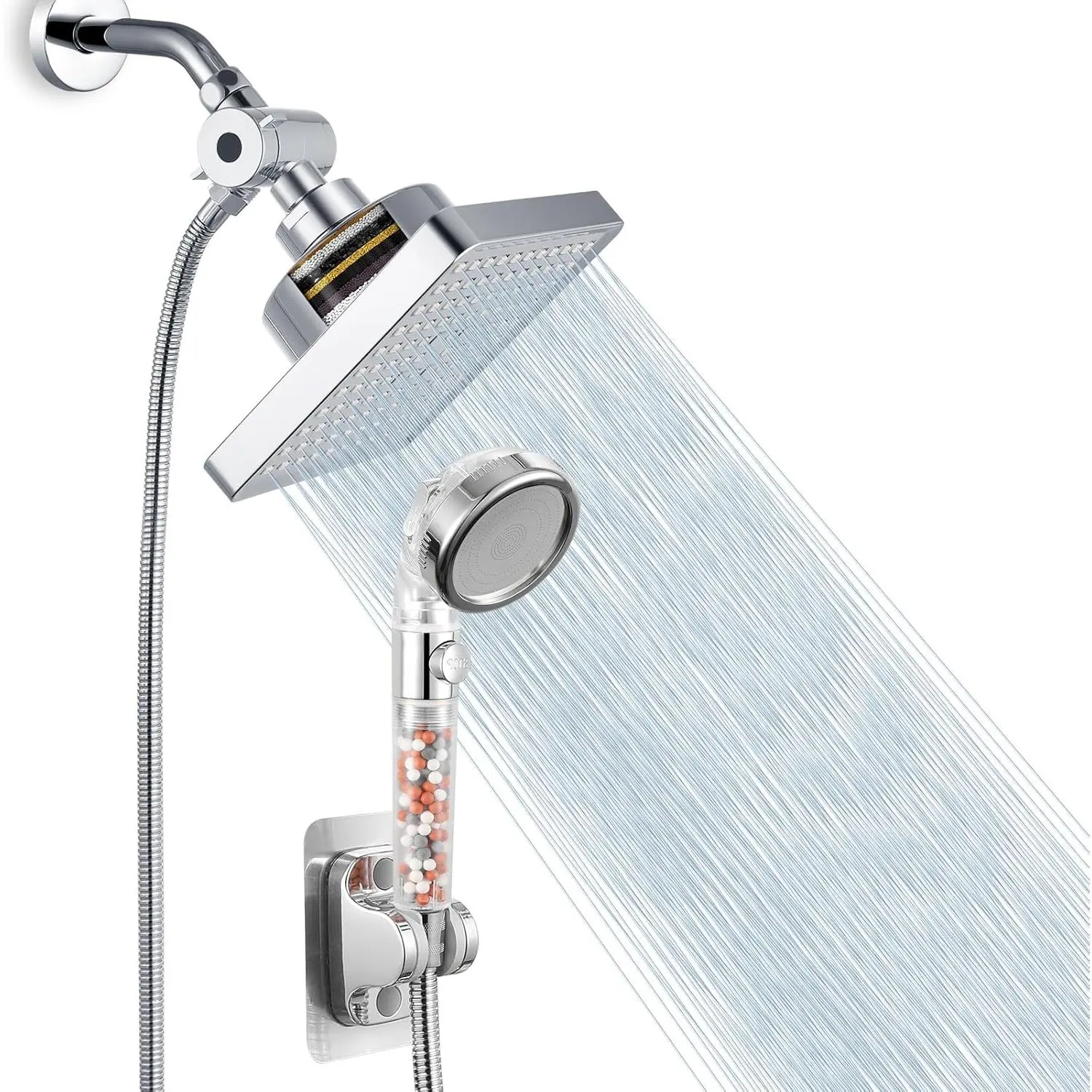 Chrome Filtered Rain Shower & Handheld Combo Kit, High-Pressure Water Saving Showerhead with 3 Modes, Activated Carbon Replaceable Filters for Chlorine & Harmful Substances Removal, Included Self-Adhesive Holder, 59" Hose & Accessories