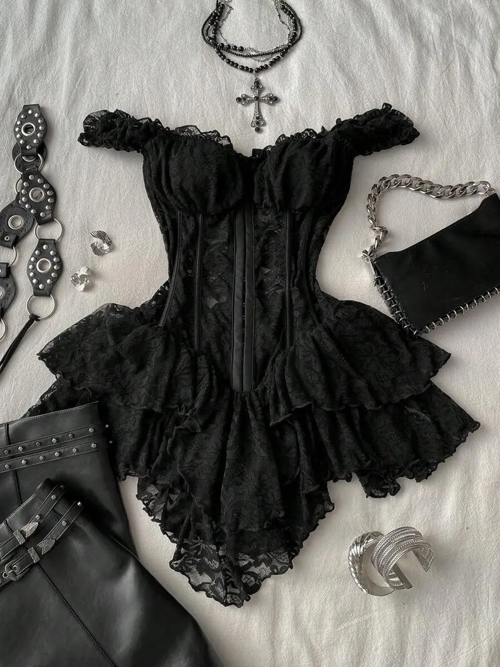 Attitoon Women's Black Summer Goth Corset Lace Bodycon Mini Dress,Vintage Y2K Asymmetrical Hem Elegant Party & Casual,Night Club Music Festival Outfits