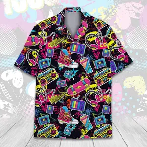 Retro 80s Pop Art, Neon Cassette, Skateboard, Headphone Prints, Vintage 90s Party Summer Hawaiian Shirt, Hawaiian Casual Short-Sleeve Shirt