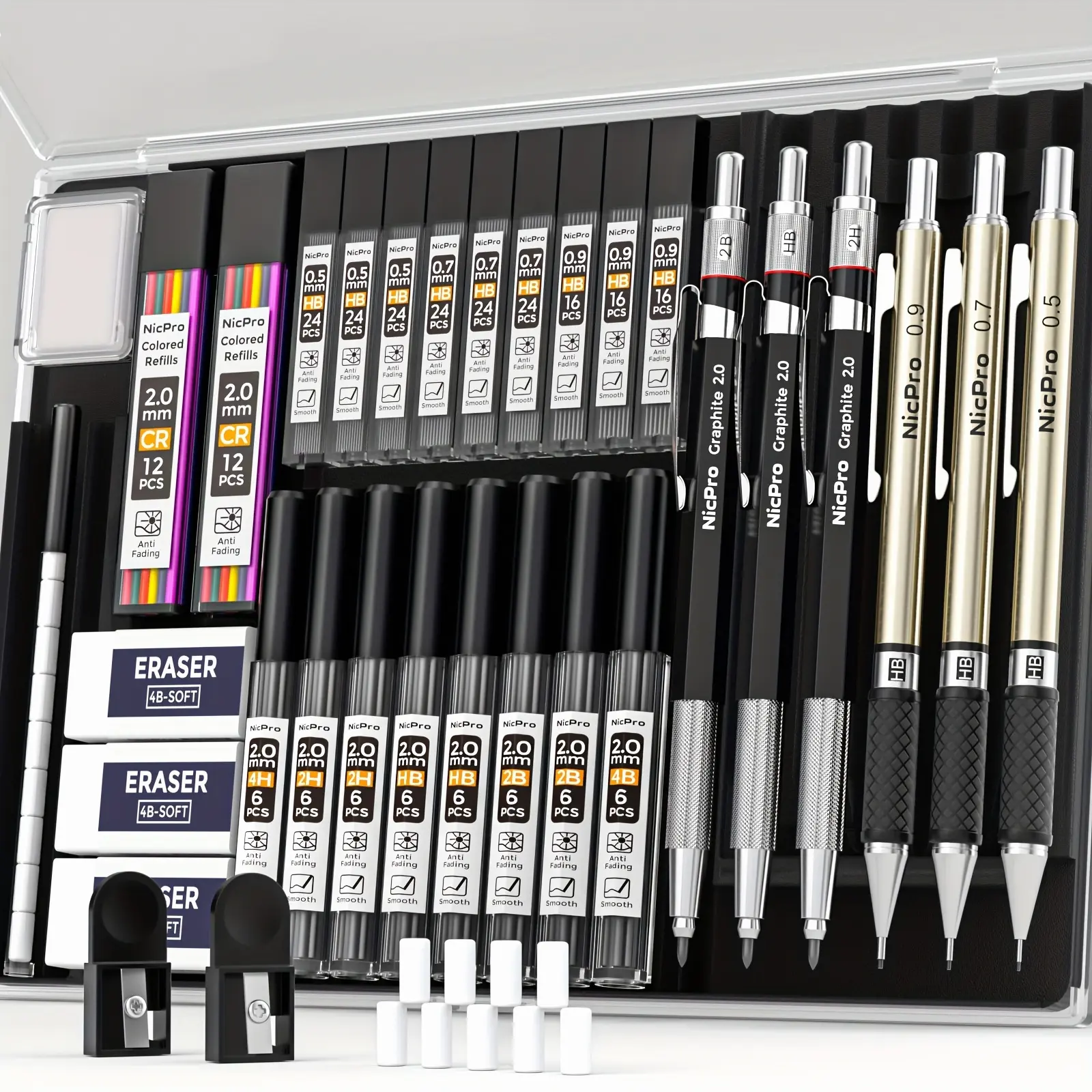 Nicpro 34pcs Art Mechanical Pencil Set, Case, 6pcs Metal Drafting Pencils with 0.5mm, 0.7mm, 0.9mm, and 2mm Lead Tips (6B, 4B, 2B, HB, 2H, H), for Sketching and Drawing, Includes 19 Refill Leads