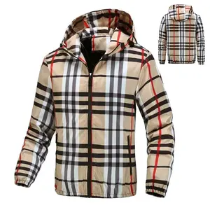 Men's Lightweight Hooded Jacket Zip-Up Windbreaker with Adjustable Drawstring & Color-Block Stripes for Autumn Fashionable Style Casual Menswear Coats Tops Customized Personalized jackets Stylish Khaki Plaid DesignWzMY